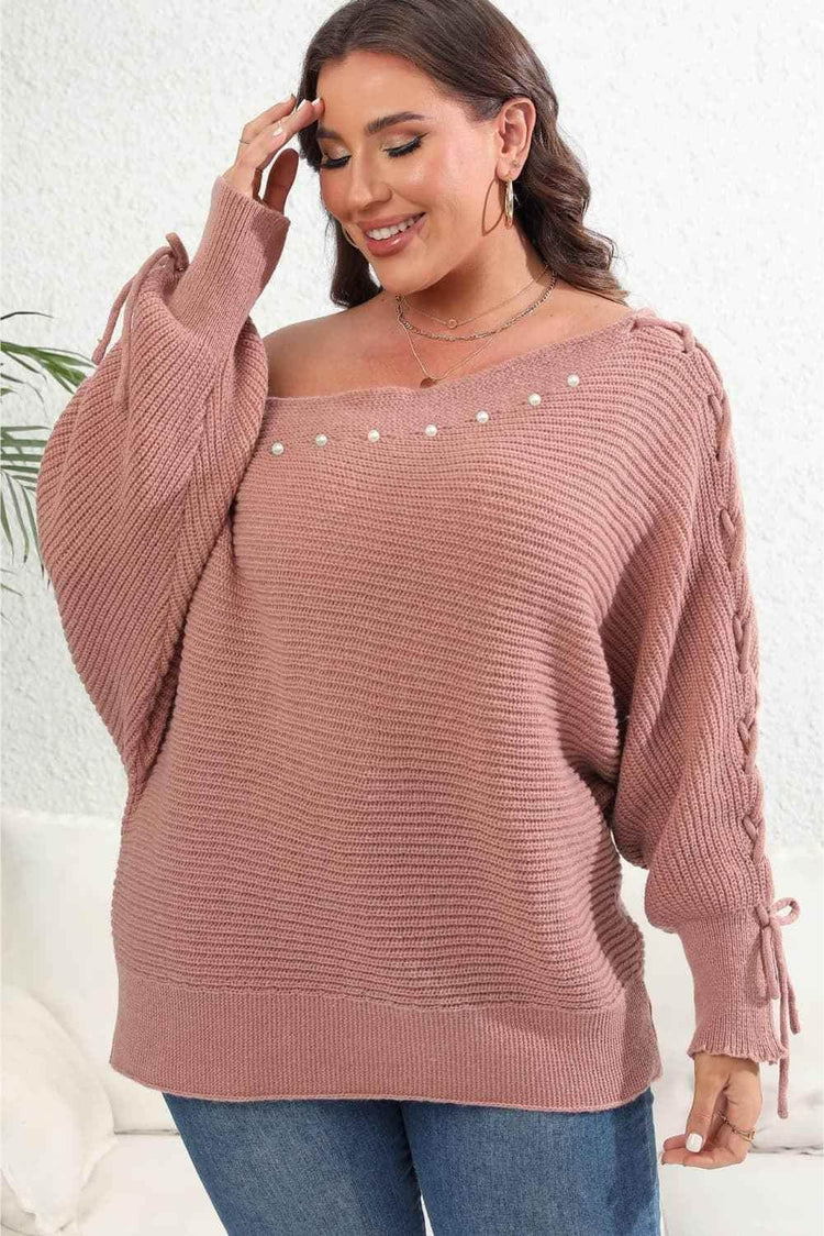 Plus Size One Shoulder Beaded Sweater - GiFTiFY