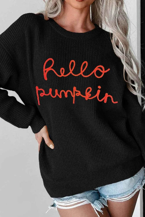 HELLO PUMPKIN Round Neck Long Sleeve Sweater - GiFTiFY