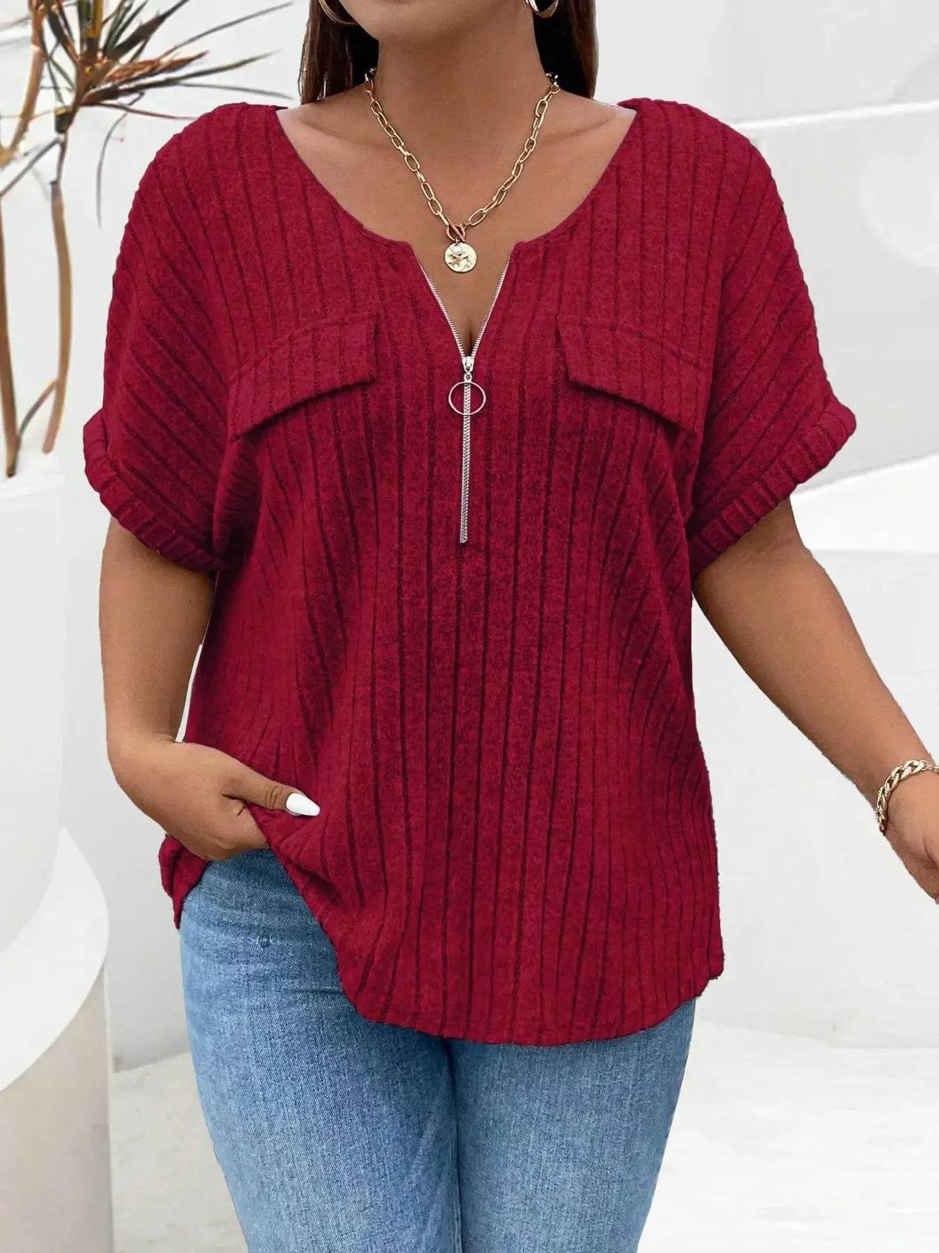 Plus Size Ribbed Half Zip Relaxed Fit T-Shirt - GiFTiFY