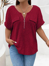 Plus Size Ribbed Half Zip Relaxed Fit T-Shirt - GiFTiFY