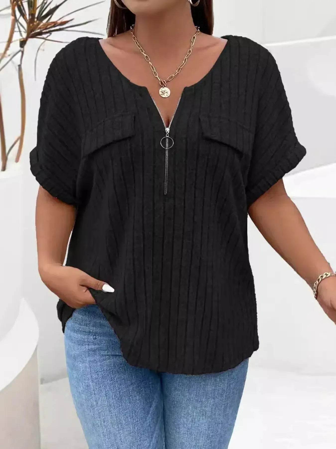 Plus Size Ribbed Half Zip Relaxed Fit T-Shirt - GiFTiFY
