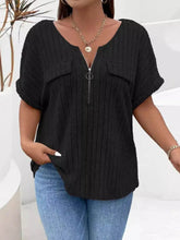 Plus Size Ribbed Half Zip Relaxed Fit T-Shirt - GiFTiFY