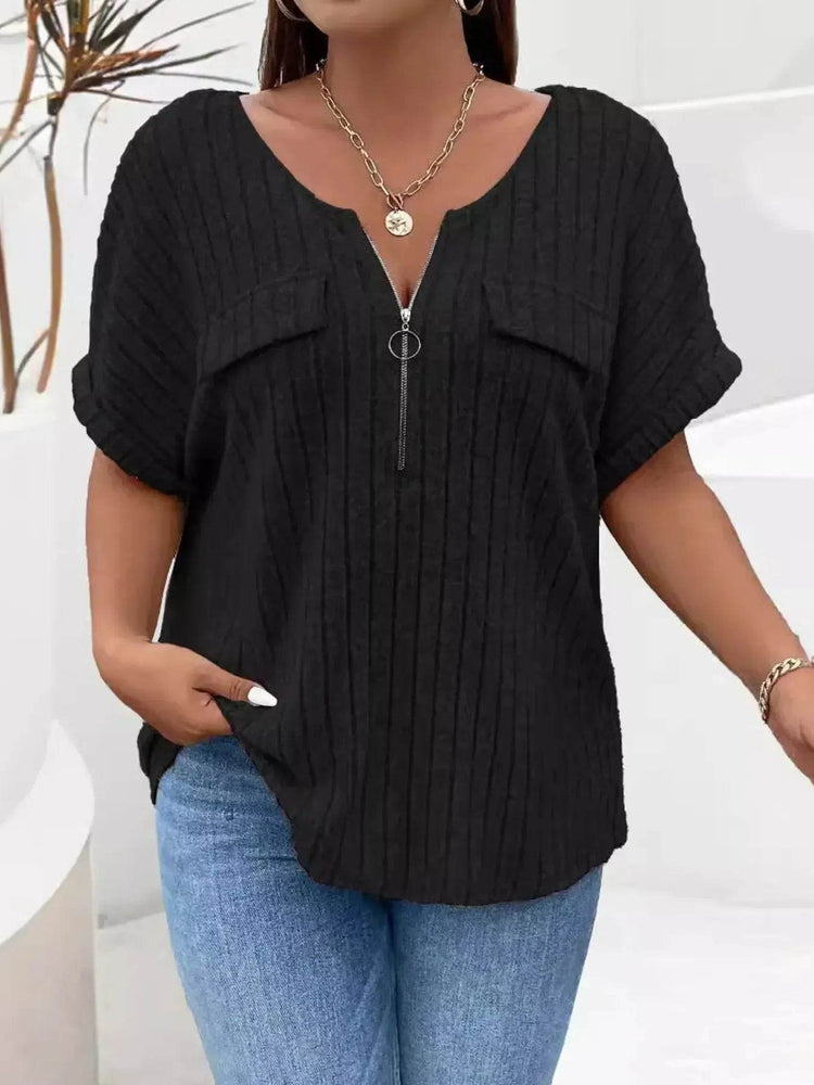 Plus Size Ribbed Half Zip Relaxed Fit T-Shirt - GiFTiFY