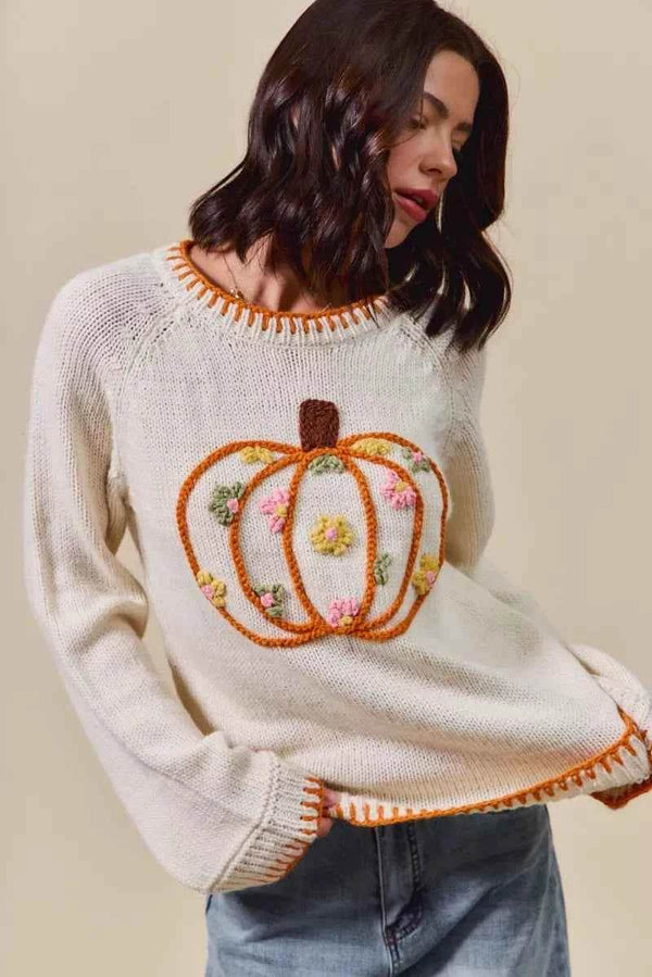 SO ME Pumpkin Floral Embroidered Thanksgiving Sweater - GiFTiFY