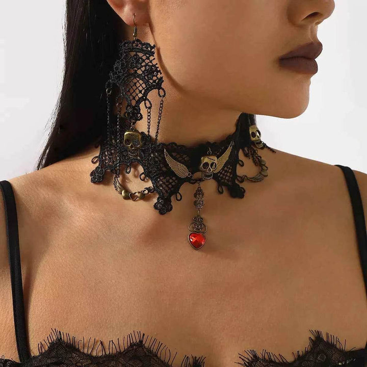 Halloween Lace Skull Necklace and Earrings Jewelry Set - GiFTiFY
