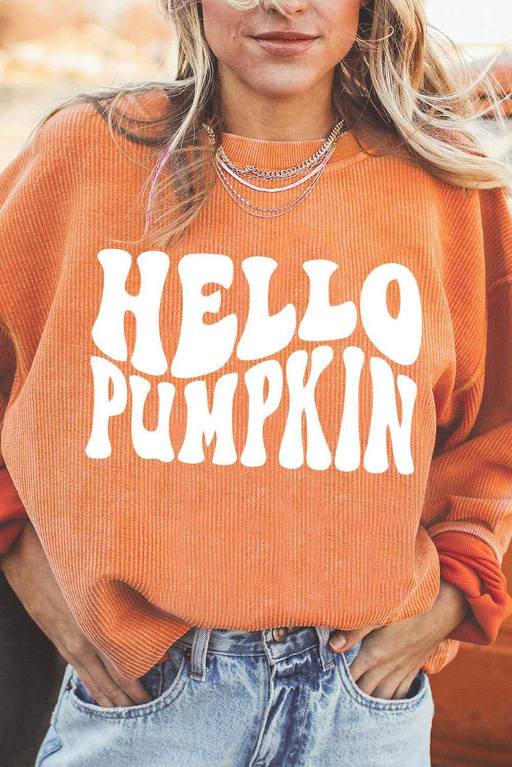 Round Neck Dropped Shoulder HELLO PUMPKIN Graphic Sweatshirt - GiFTiFY