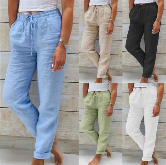 Women's Elastic Waist Solid Color Cotton Pants - GiFTiFY