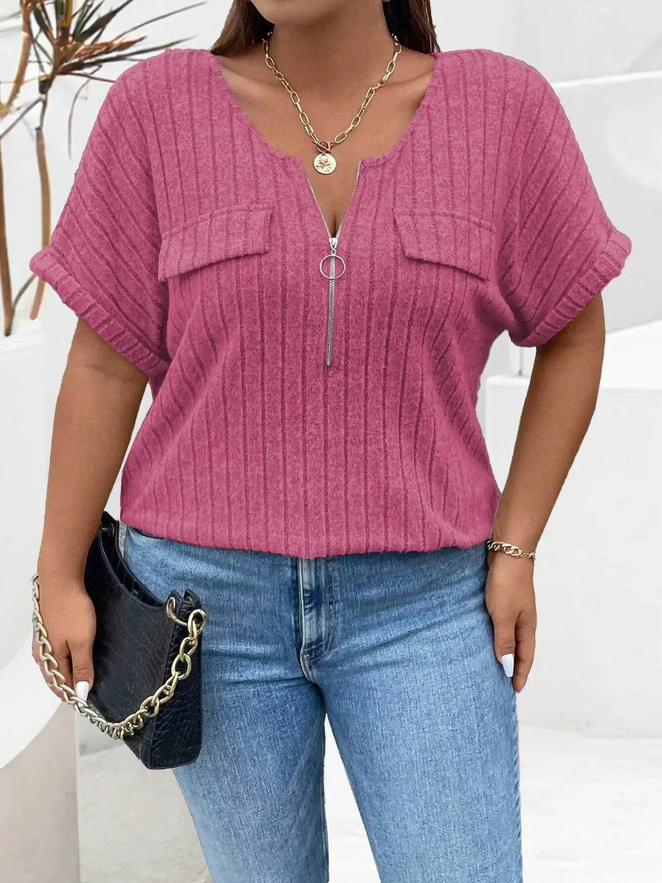 Plus Size Ribbed Half Zip Relaxed Fit T-Shirt - GiFTiFY