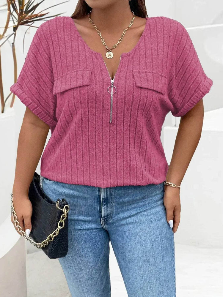Plus Size Ribbed Half Zip Relaxed Fit T-Shirt - GiFTiFY