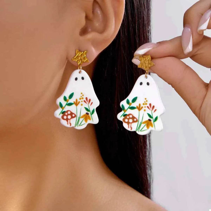 Whimsical Ghost Earrings with Floral Design - GiFTiFY