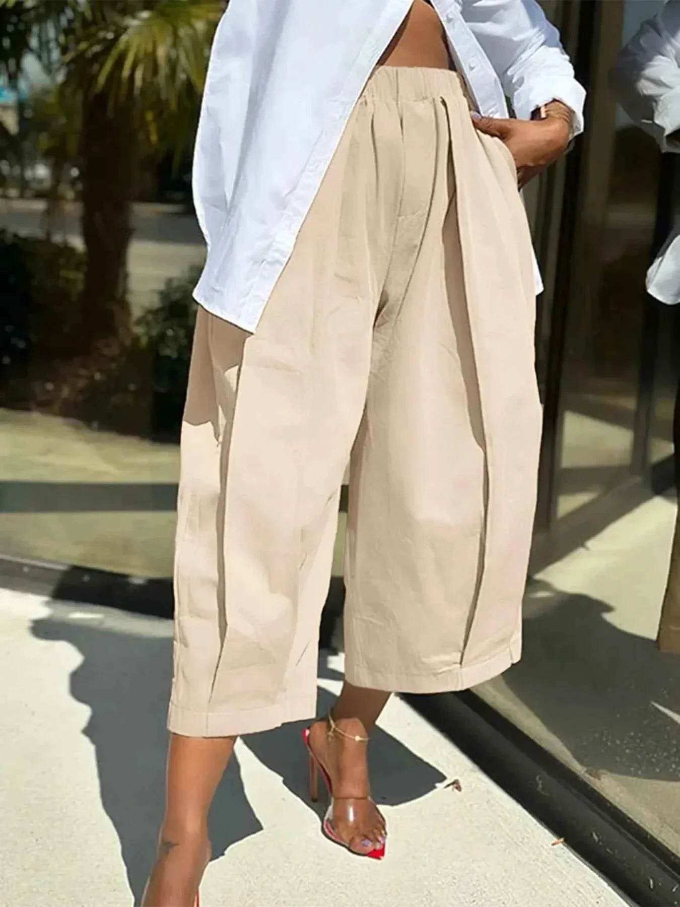 Plus Size Wide Leg Pleated Detail Cropped Pants - GiFTiFY