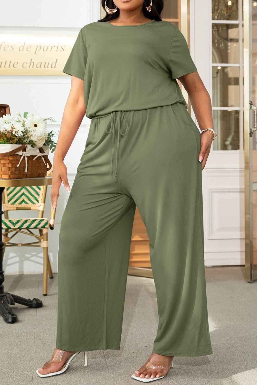 Plus Size Drawstring Waist Short Sleeve Jumpsuit - GiFTiFY