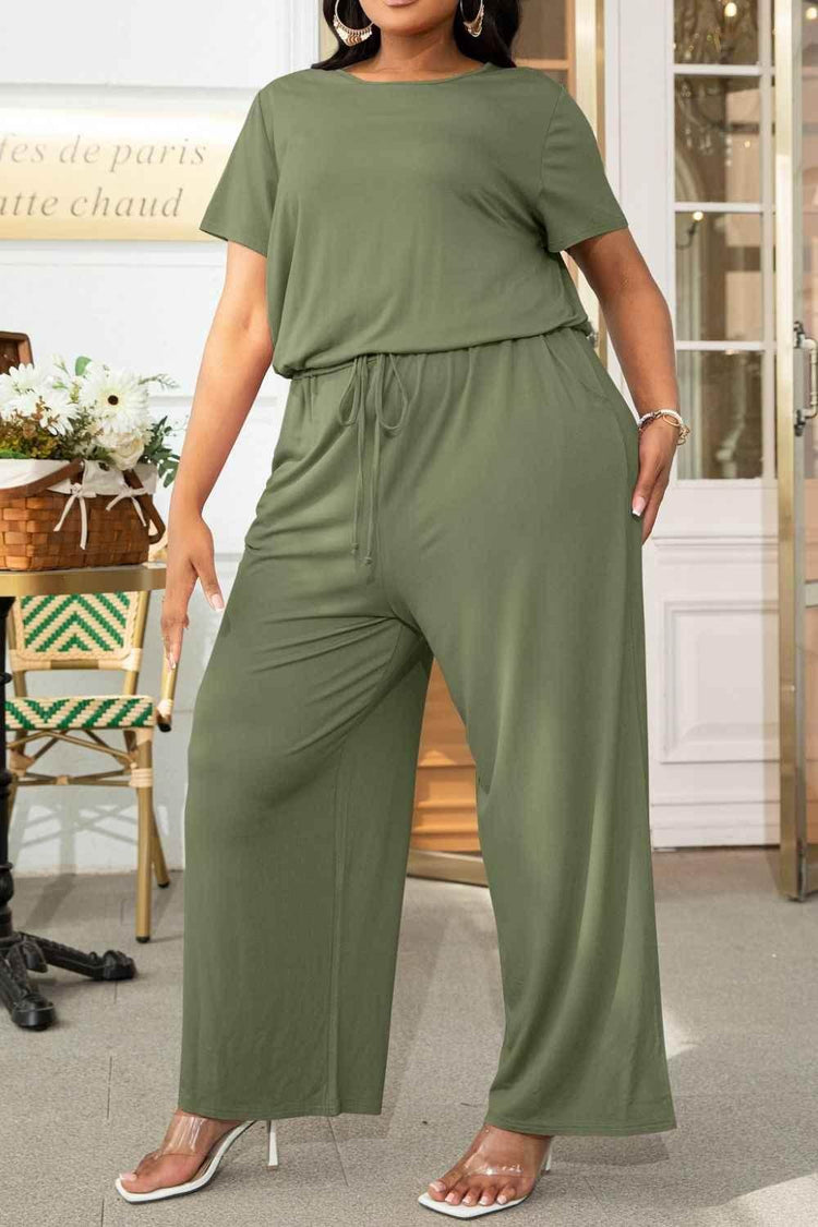 Plus Size Drawstring Waist Short Sleeve Jumpsuit - GiFTiFY