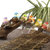 Colorful decorative birds on a branch.