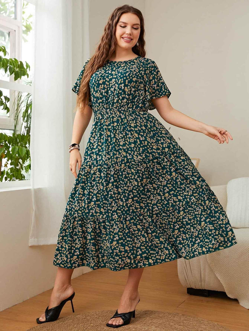 Honey Plus Size Floral Round Neck Short Sleeve Midi Dress women Attire by Trendsi