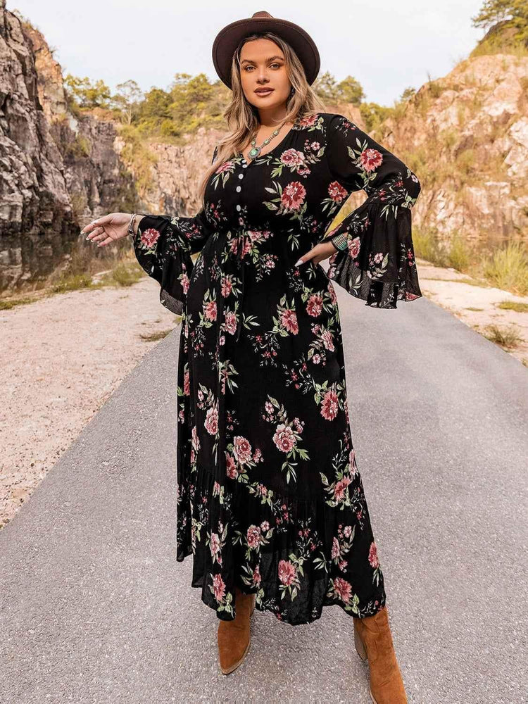 Plus Size Floral Flare Sleeve Dress - GiFTiFY