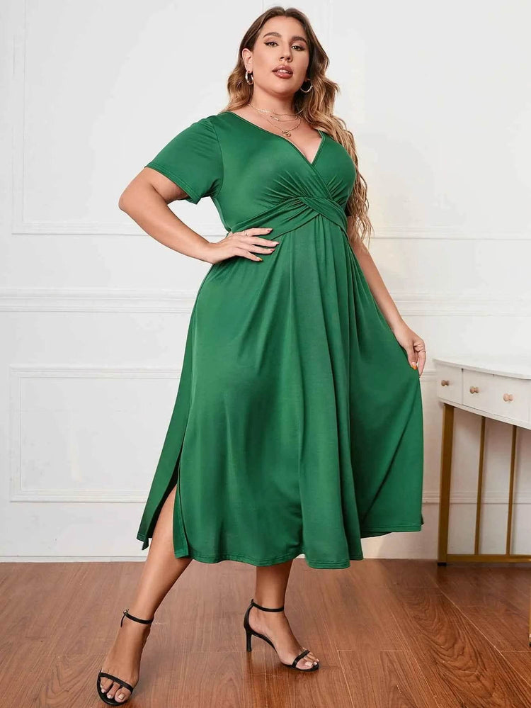 Honey Plus Size Short Sleeve Surplice Neck Midi Dress - GiFTiFY