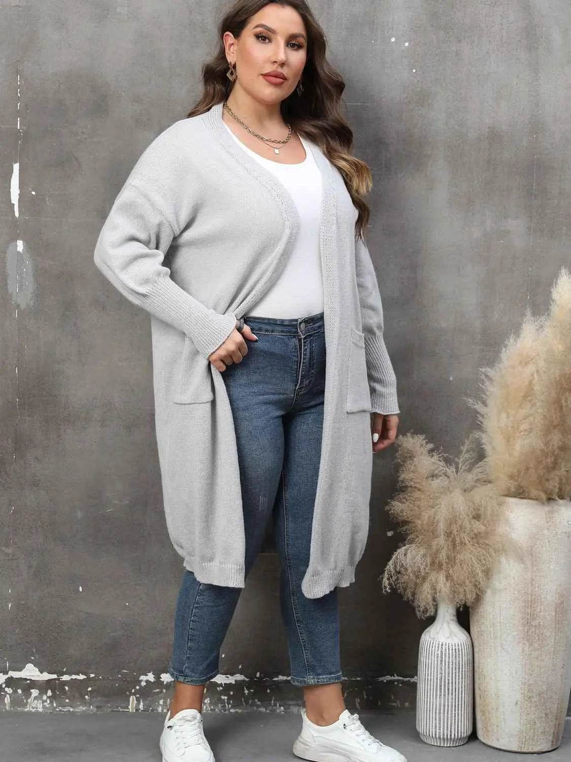 Plus Size Long Sleeve Pocketed Cardigan - GiFTiFY