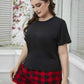 Plus Size Round Neck Tee Shirt and Plaid Shorts Lounge Set - GiFTiFY