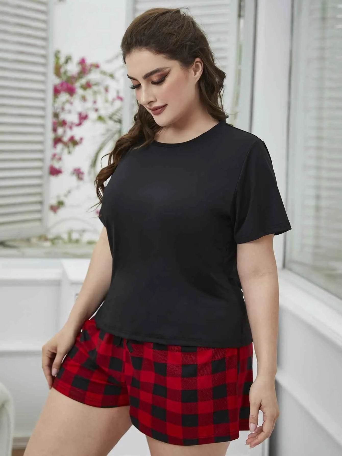 Plus Size Round Neck Tee Shirt and Plaid Shorts Lounge Set - GiFTiFY