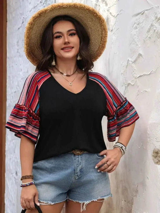 Plus Size V-Neck Flounce Sleeve Top - GiFTiFY