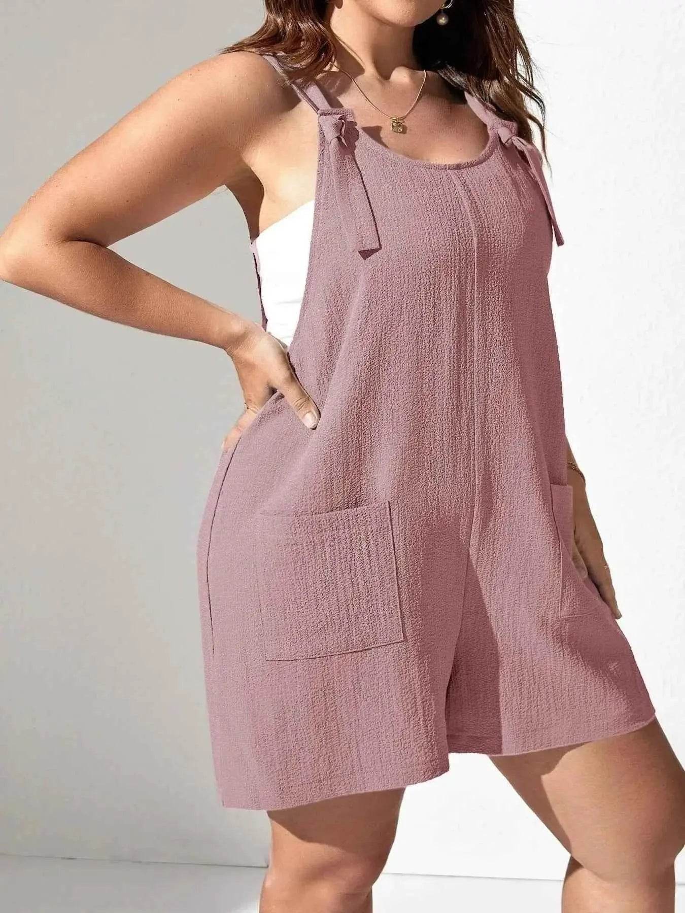 Plus Size Knotted Strap Romper with Pockets - GiFTiFY
