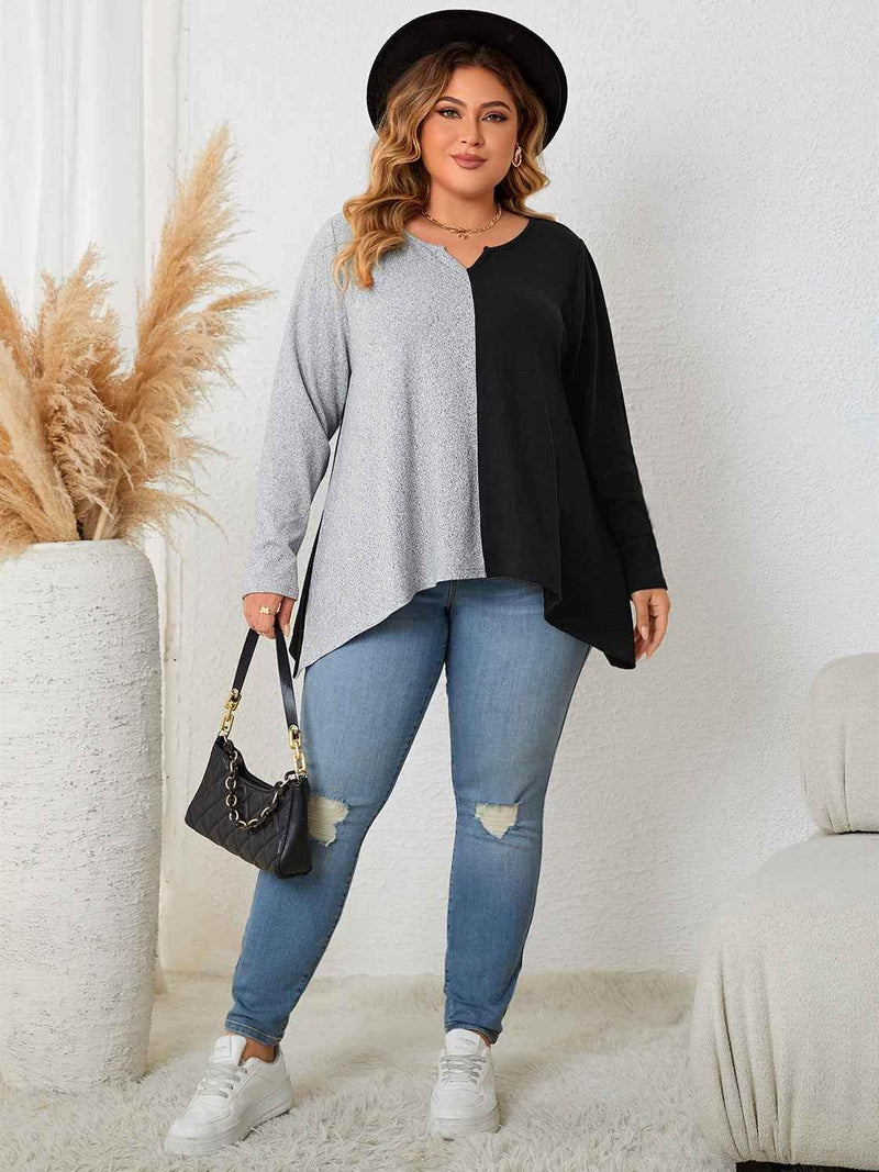 Honey Plus Size Contrast Notched Neck T-Shirt women Attire by Trendsi