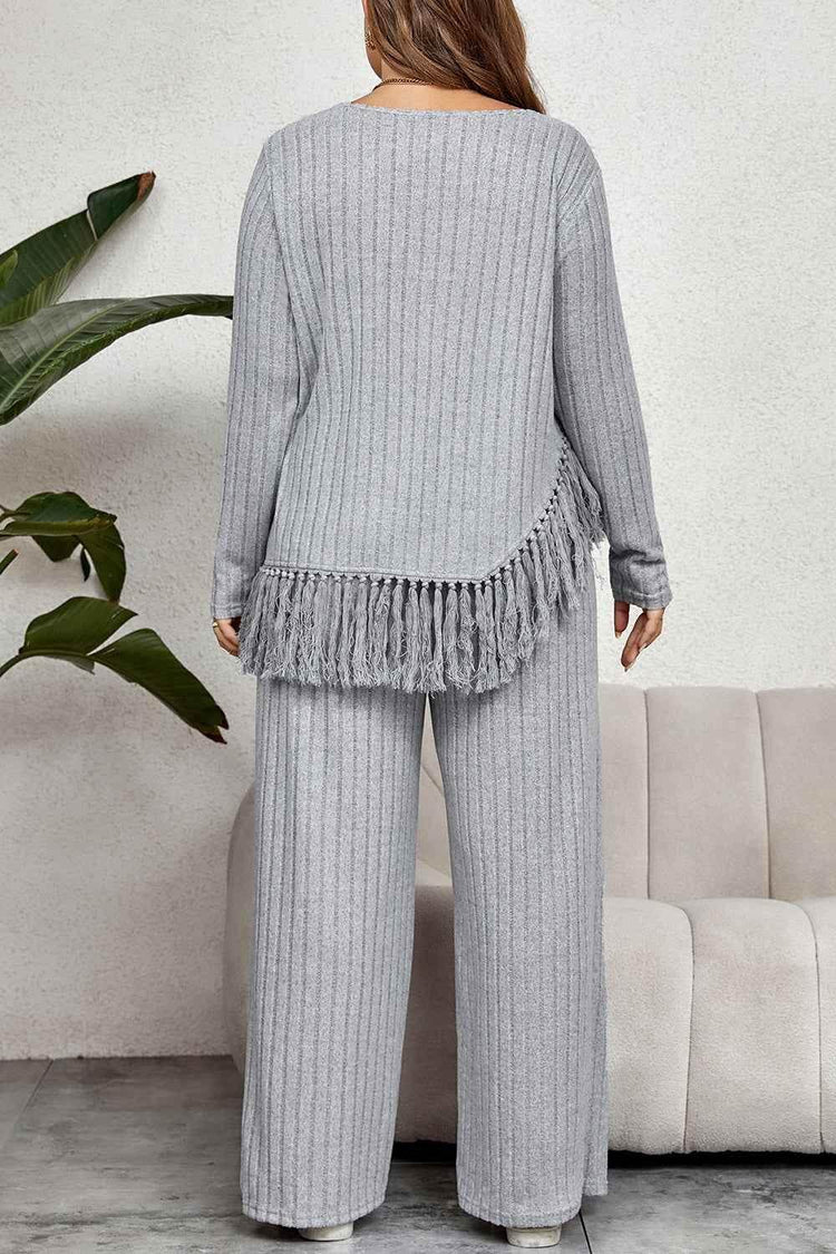 Honey Plus Size Tassel Hem Top and Pants Set - GiFTiFY