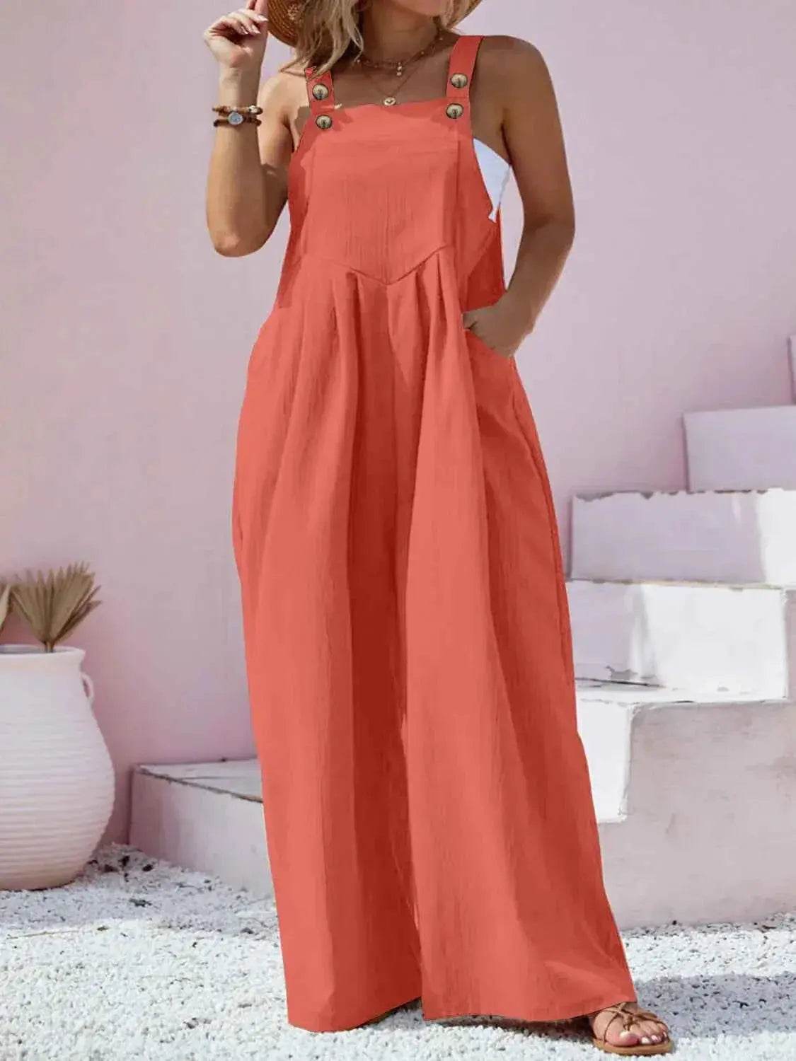 Plus Size Square Neck Wide Leg Overalls - GiFTiFY