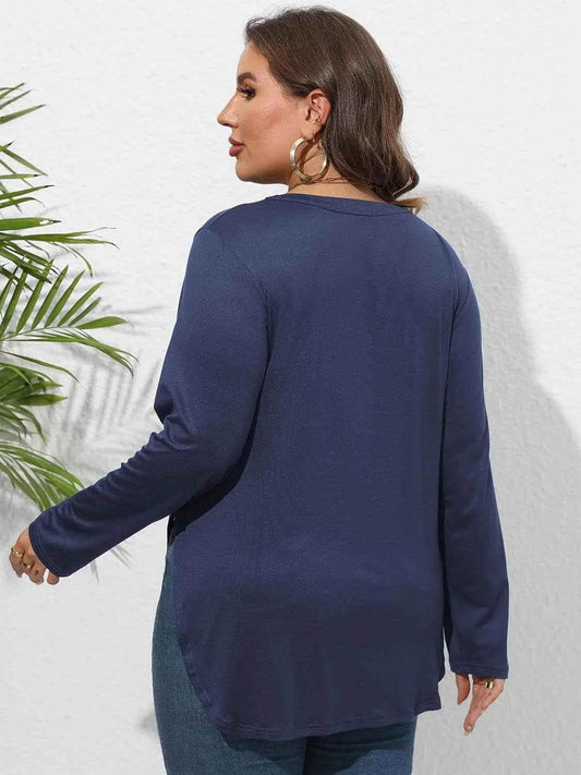Plus Size Round Neck Long Sleeve Slit T-Shirt - GiFTiFY