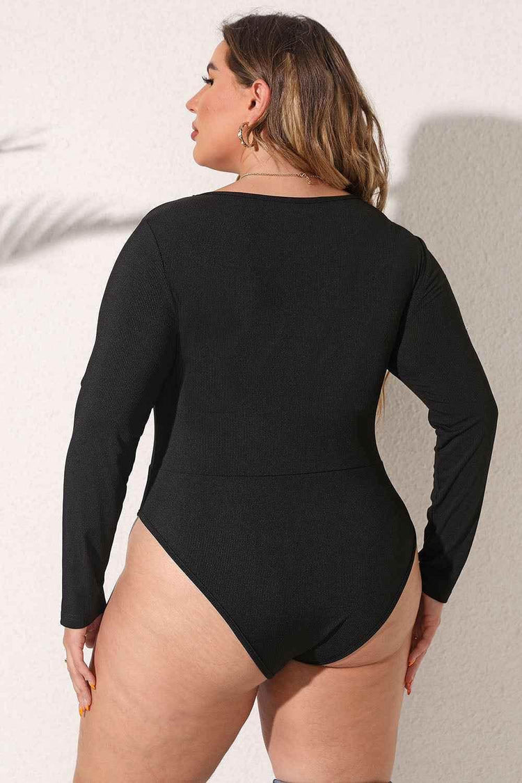 Plus Size Round Neck Long Sleeve Bodysuit - GiFTiFY
