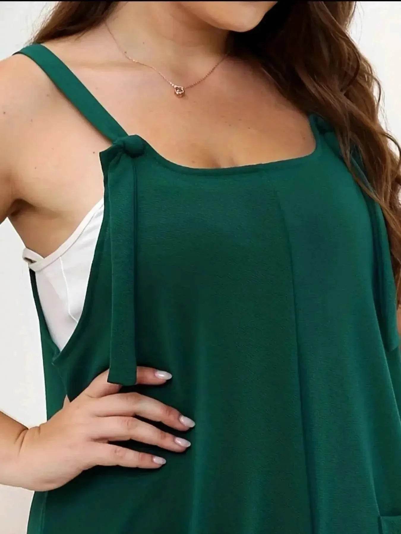 Plus Size Knotted Strap Romper with Pockets - GiFTiFY