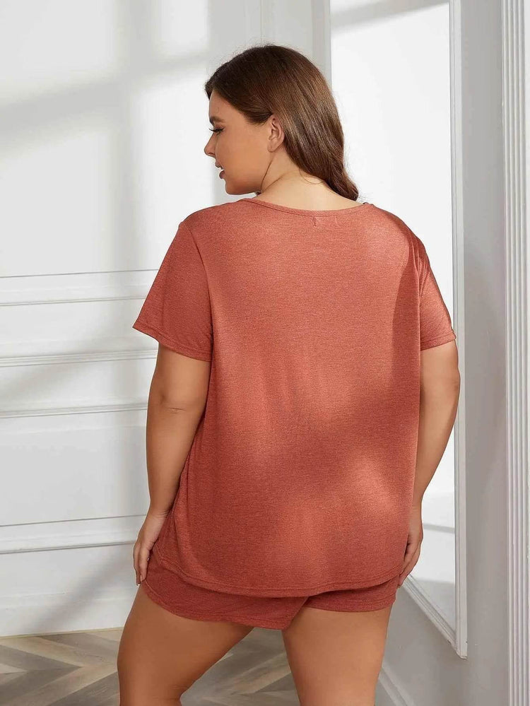 Plus Size Round Neck Short Sleeve Two-Piece Loungewear Set - GiFTiFY