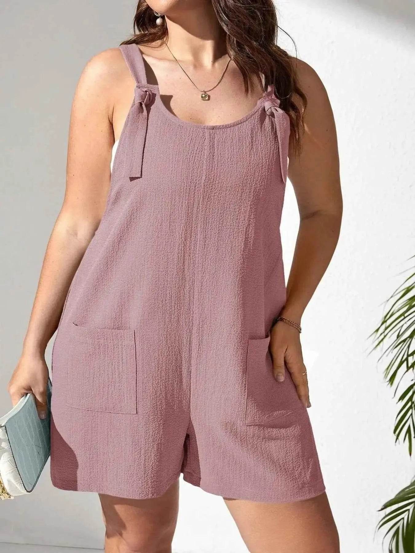 Plus Size Knotted Strap Romper with Pockets - GiFTiFY