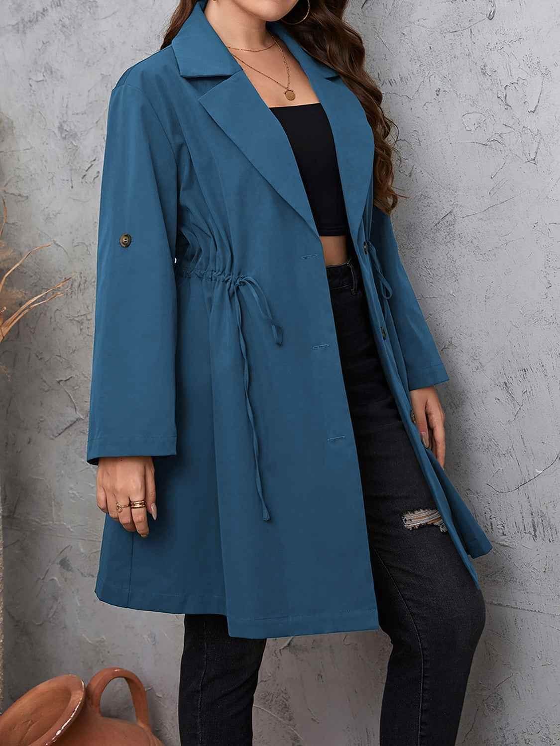 Honey Plus Size Lapel Collar Drawstring Roll-Tab Sleeve Trench Coat - GiFTiFY
