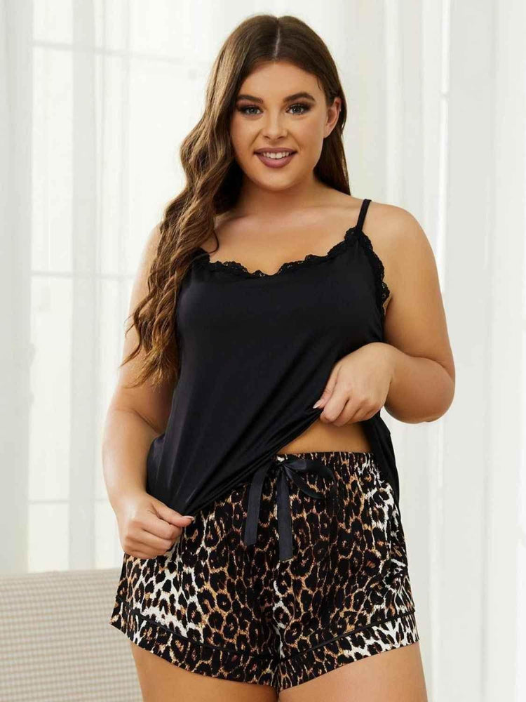 Plus Size Lace Trim Scoop Neck Cami and Printed Shorts Pajama Set - GiFTiFY