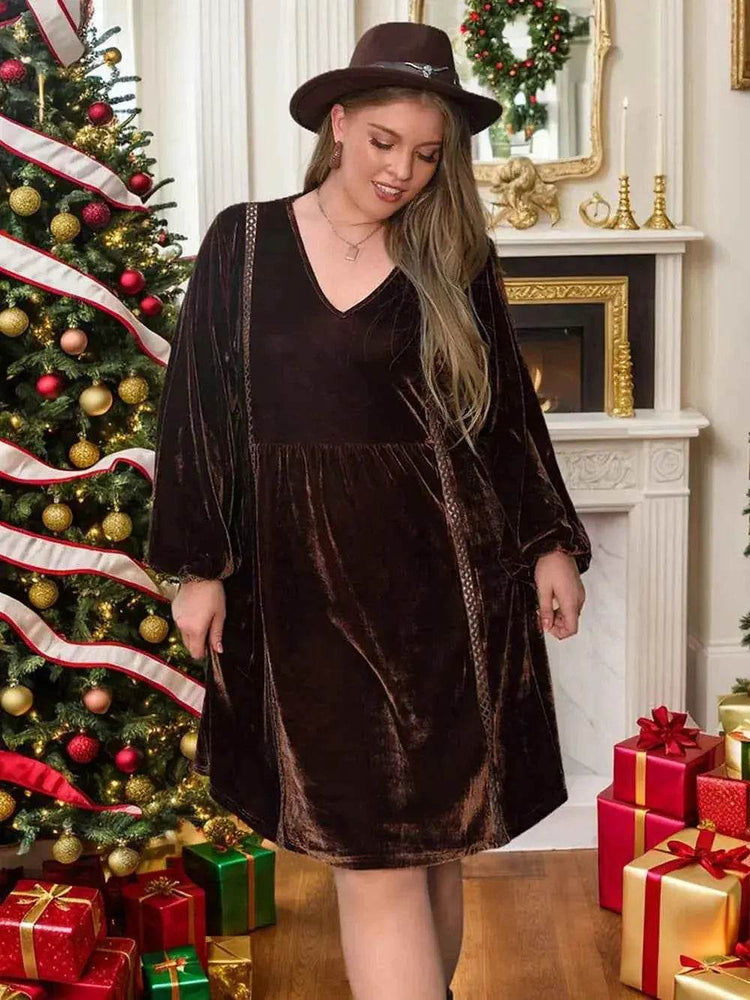 Plus Size V-Neck Balloon Sleeves Dress - GiFTiFY