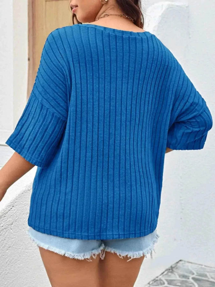 Plus Size V-Neck Ribbed Knit T-Shirt - GiFTiFY