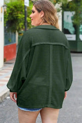 Plus Size Half Button Collared Neck Long Sleeve Blouse - GiFTiFY