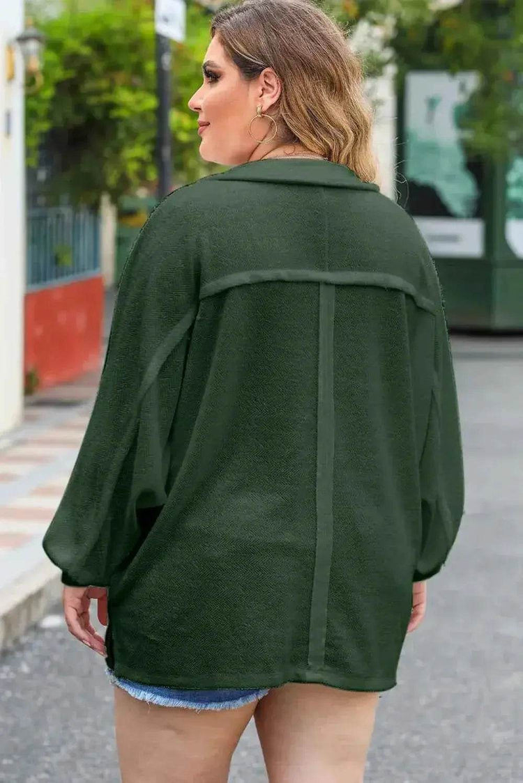 Plus Size Half Button Collared Neck Long Sleeve Blouse - GiFTiFY