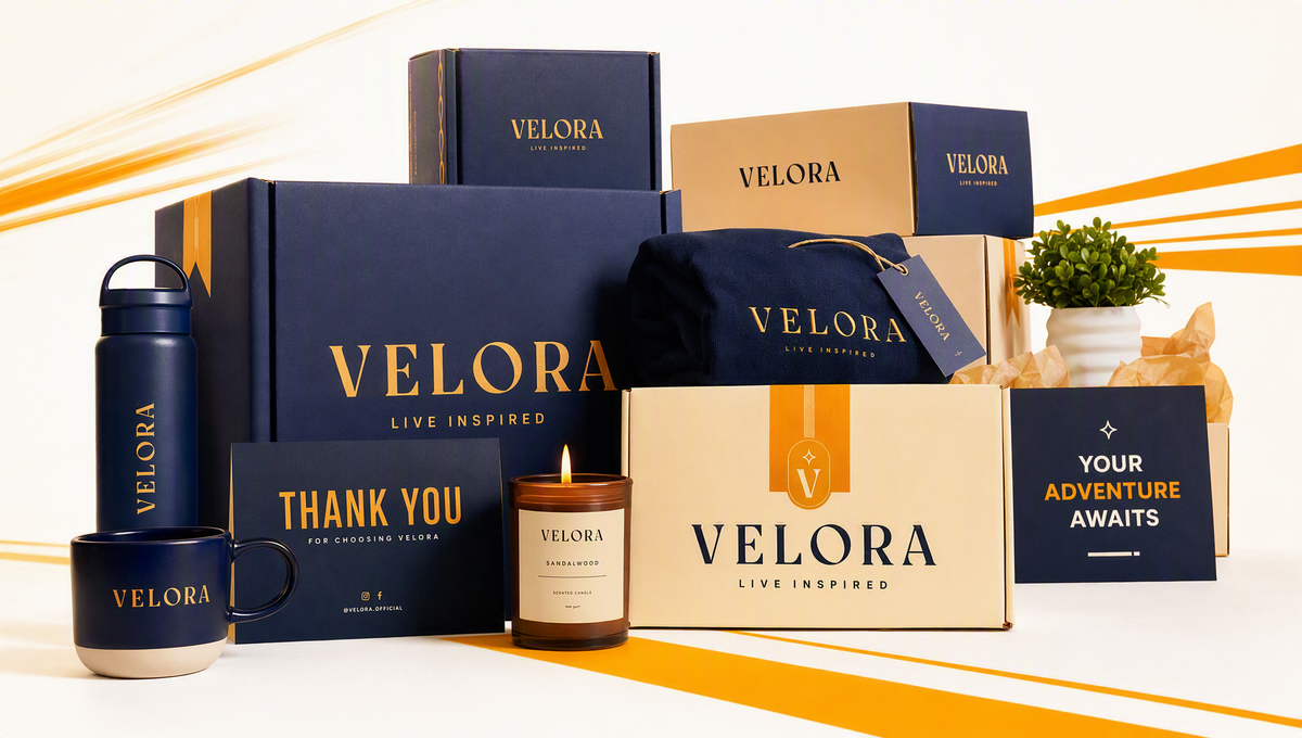 Colorful lifestyle products and shipping boxes promoting free shipping on orders over thirty-five dollars