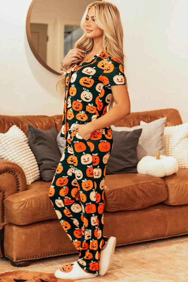 Pumpkin Printed Short Sleeve Top and Pants Lounge Set - GiFTiFY