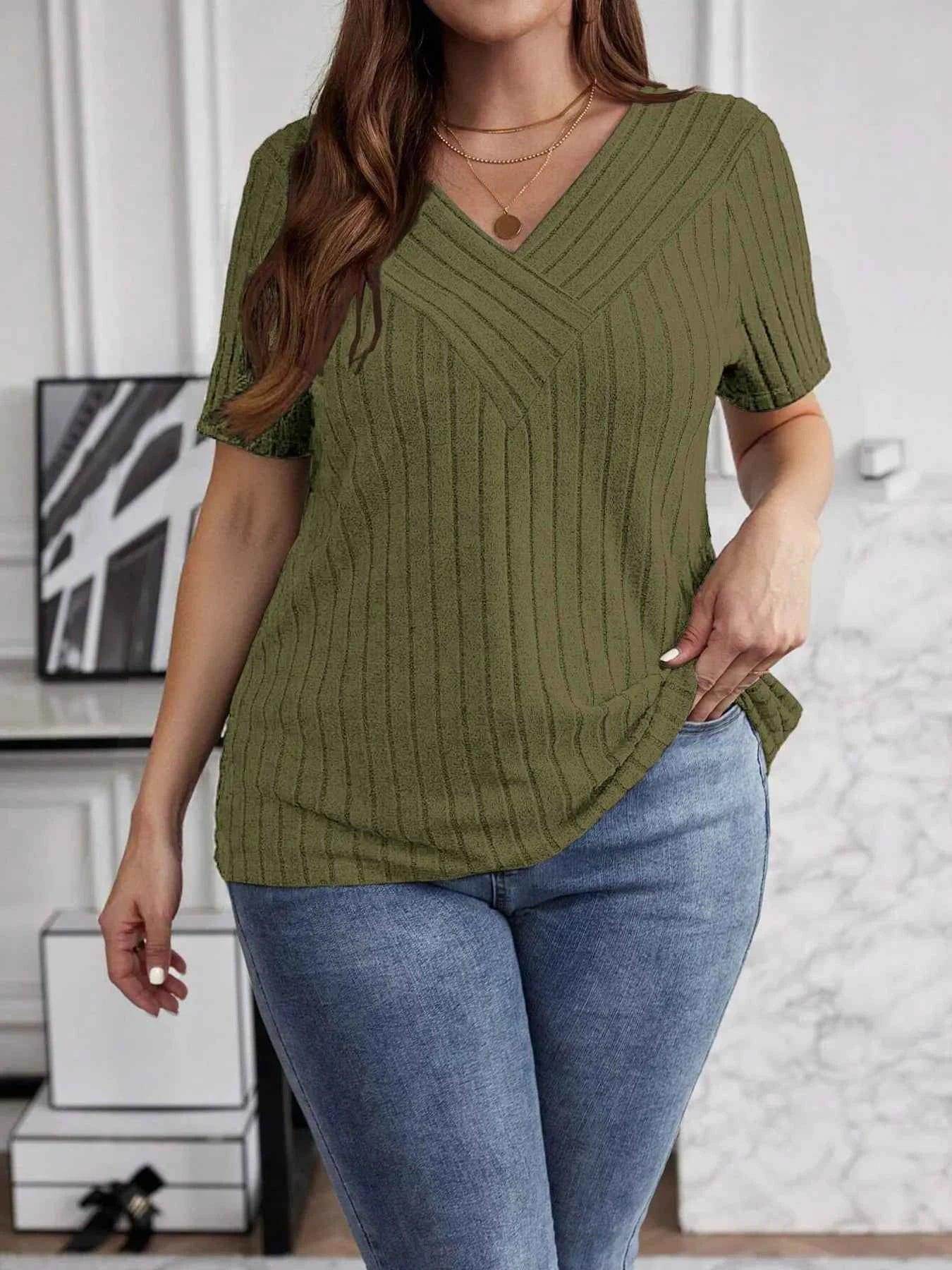 Plus Size V-Neck Short Sleeve Ribbed T-Shirt - GiFTiFY