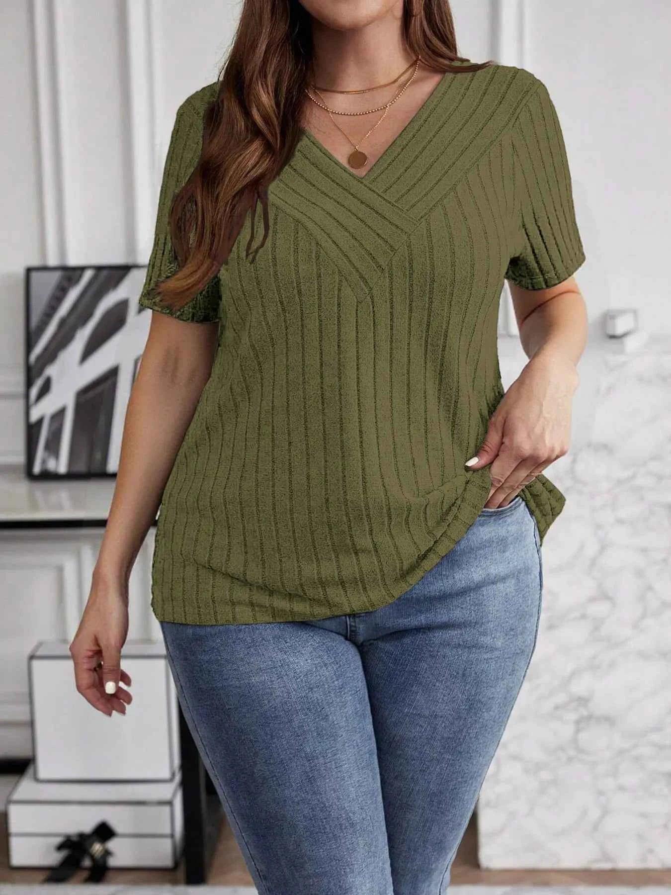 Plus Size V-Neck Short Sleeve Ribbed T-Shirt