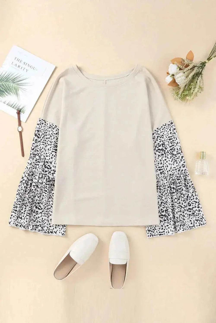 Plus Size Leopard Round Neck Long Sleeve Top - GiFTiFY