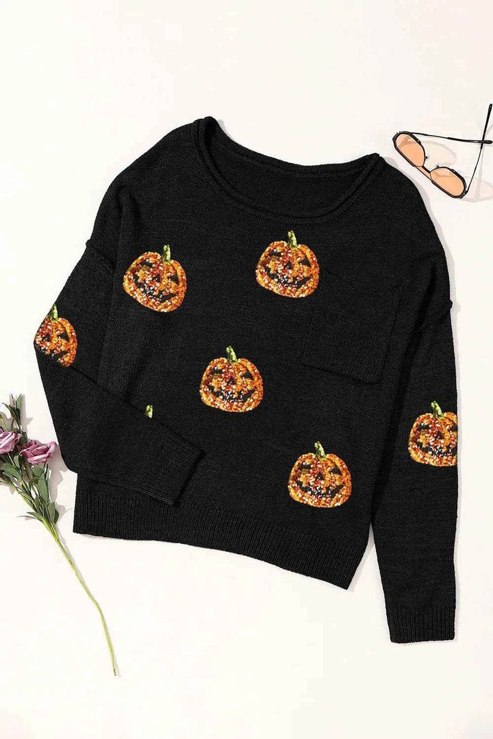 Pumpkin Round Neck Long Sleeve Knit Top - GiFTiFY