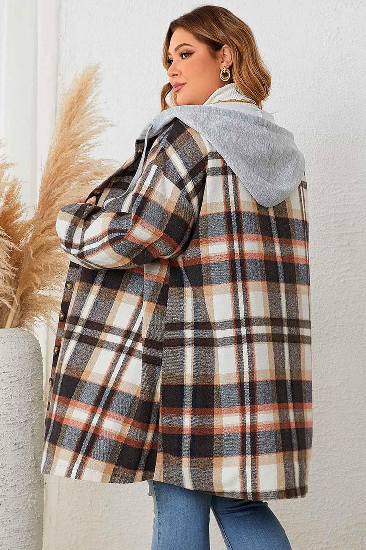 Honey Plus Size Plaid Drop Shoulder Hooded Coat - GiFTiFY