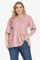 Plus Size Buttoned V-Neck Frill Trim Babydoll Blouse - GiFTiFY