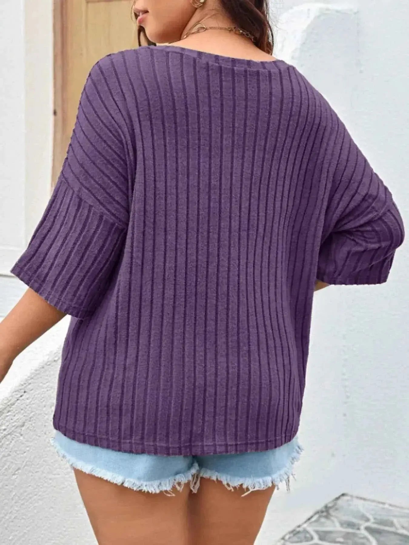Plus Size V-Neck Ribbed Knit T-Shirt