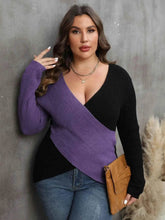 Plus Size Two-Tone Surplice Neck Sweater - GiFTiFY